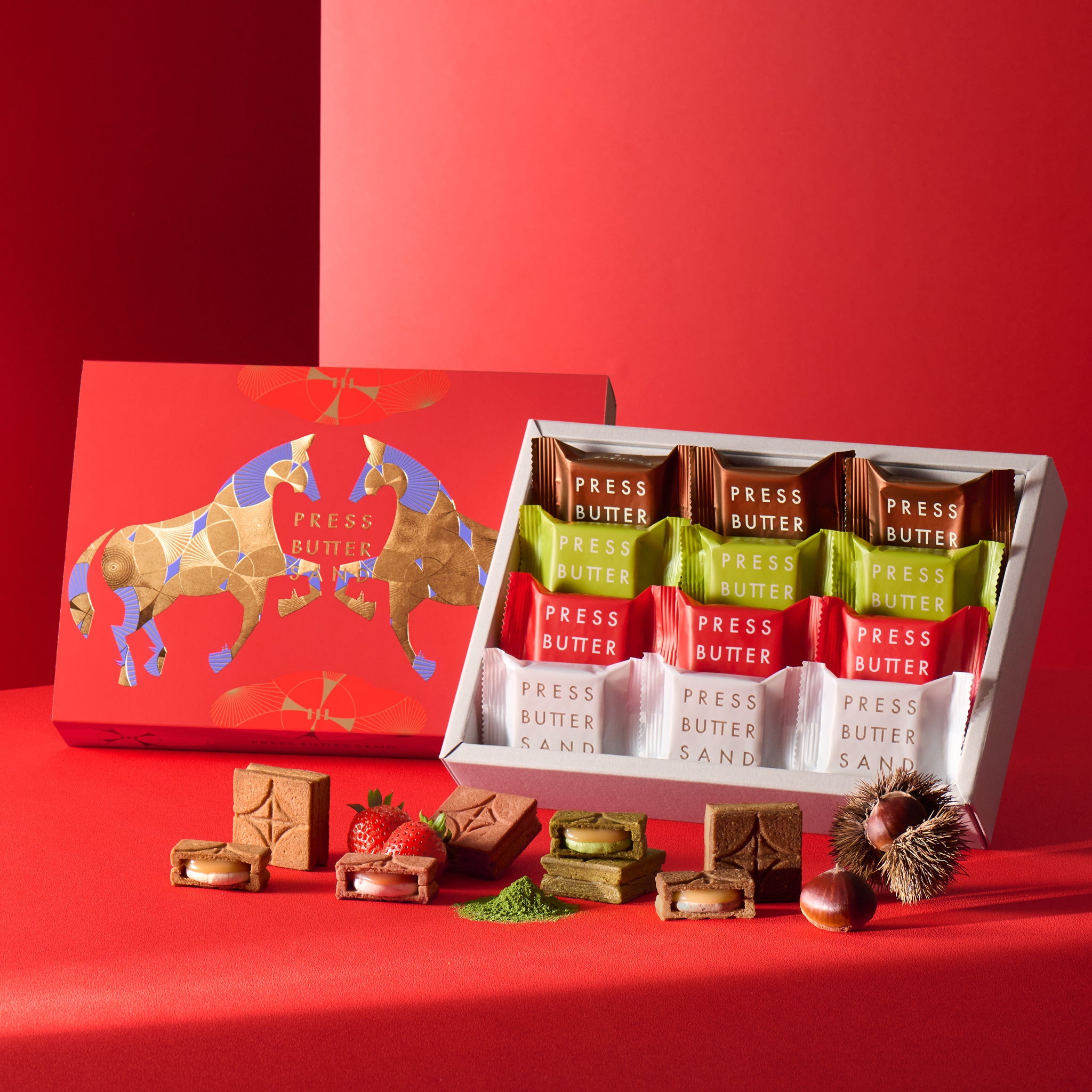 PRESS BUTTER SAND Lunar New Year Collection 12pc (Plain 3pc, Uji Matcha 3pc, Amaou Strawberry 3pc, Chestnut 3pc)
